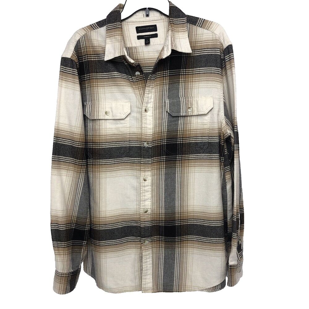 Banana Republic Large Standard Fit Brown Plaid Long Sleeve Flannel Button Shirt